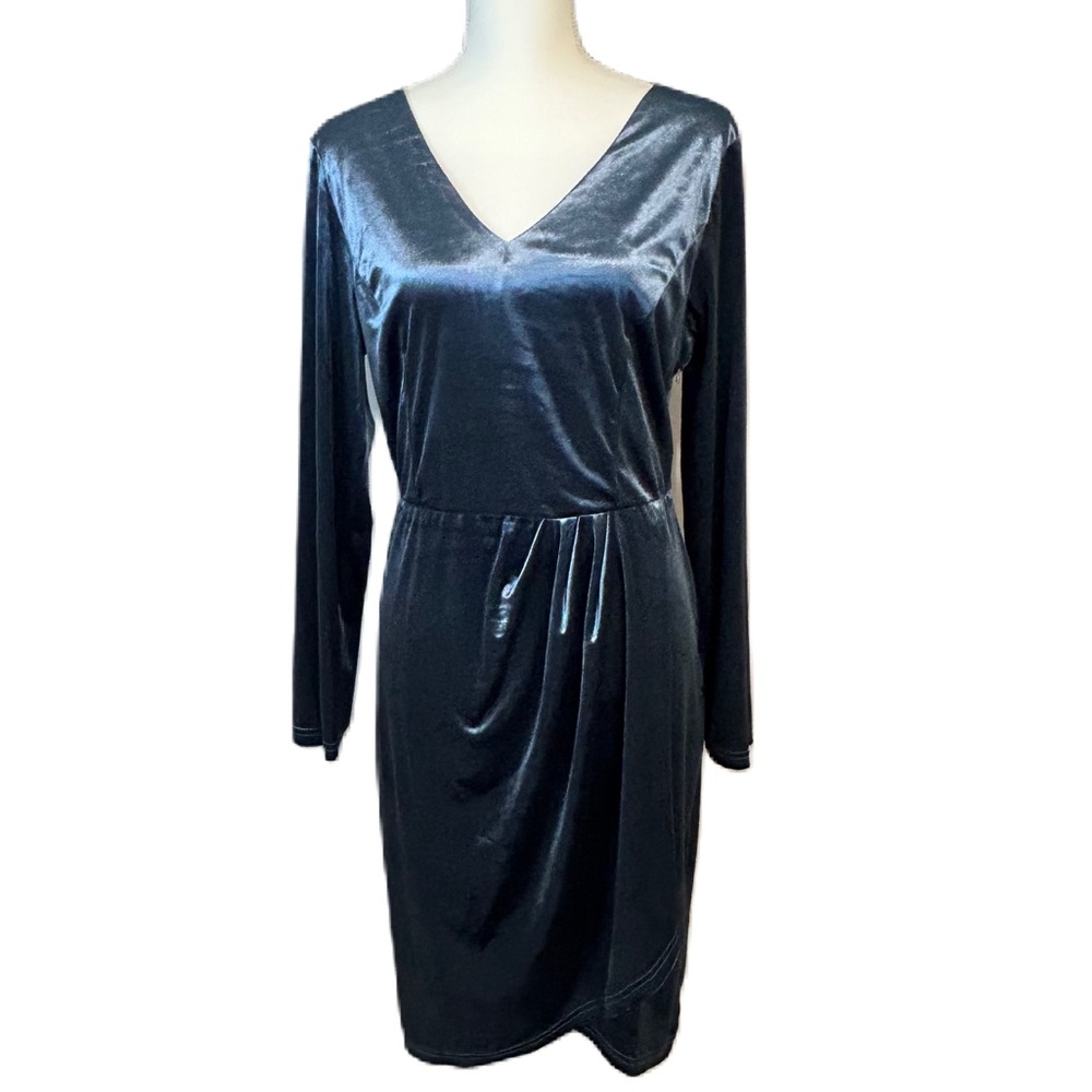Womens Long Sleeve Velvet Dress Size 14 Stretchy V Neck Ruched Party Blue NWT‎